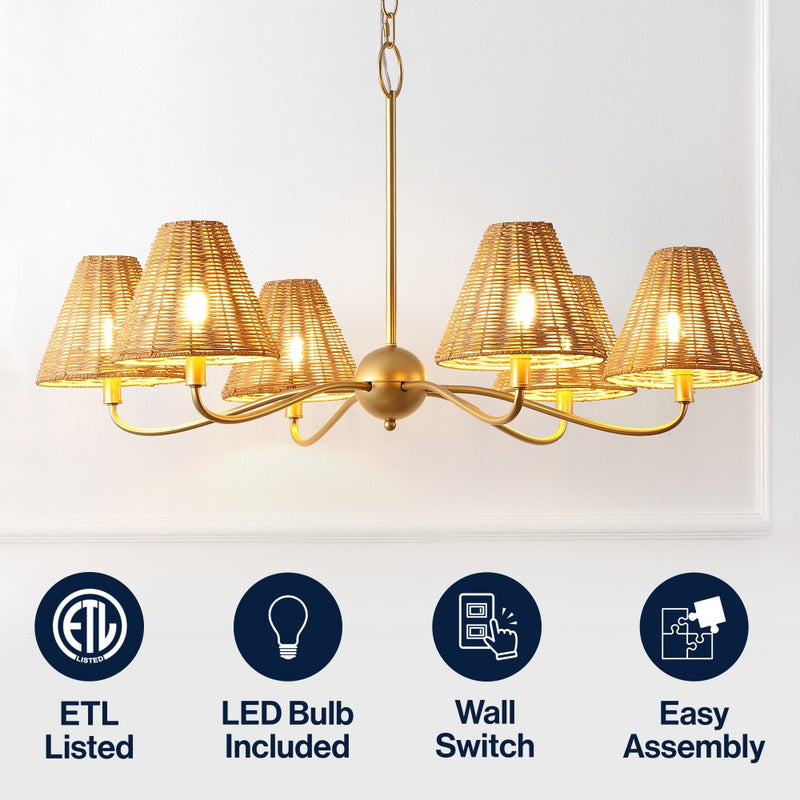 Grady Coastal Farmhouse Adjustable Swooping Arm Metal with Hand-Woven Rattan Shades LED Chandelier