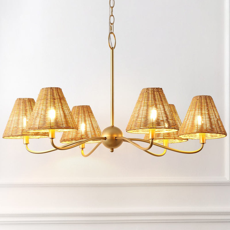 Grady Coastal Farmhouse Adjustable Swooping Arm Metal with Hand-Woven Rattan Shades LED Chandelier
