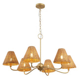 Grady Coastal Farmhouse Adjustable Swooping Arm Metal with Hand-Woven Rattan Shades LED Chandelier