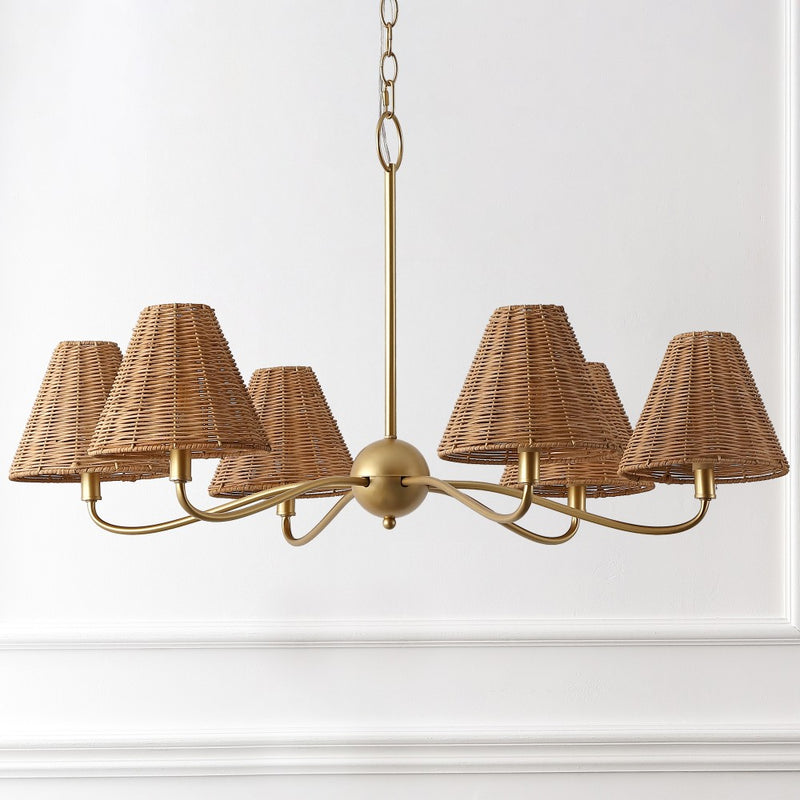 Grady Coastal Farmhouse Adjustable Swooping Arm Metal with Hand-Woven Rattan Shades LED Chandelier