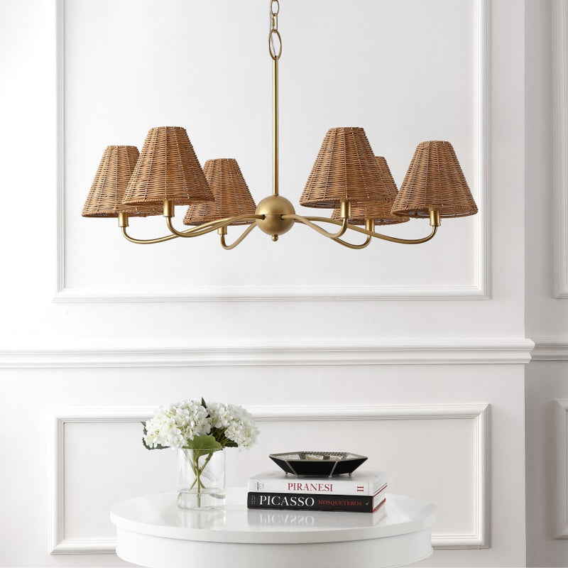 Grady Coastal Farmhouse Adjustable Swooping Arm Metal with Hand-Woven Rattan Shades LED Chandelier