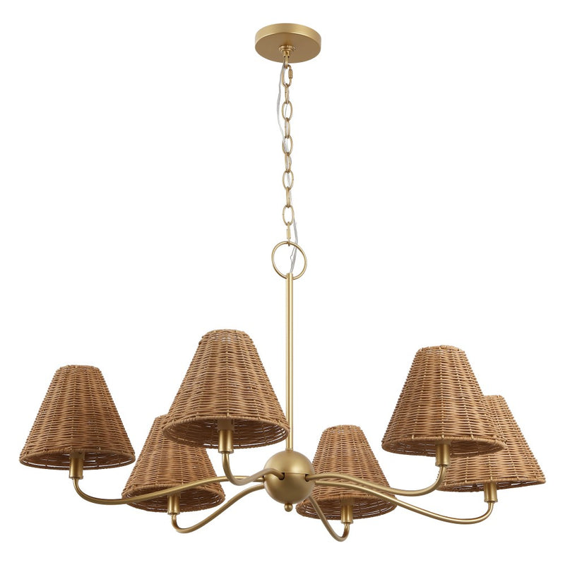 Grady Coastal Farmhouse Adjustable Swooping Arm Metal with Hand-Woven Rattan Shades LED Chandelier
