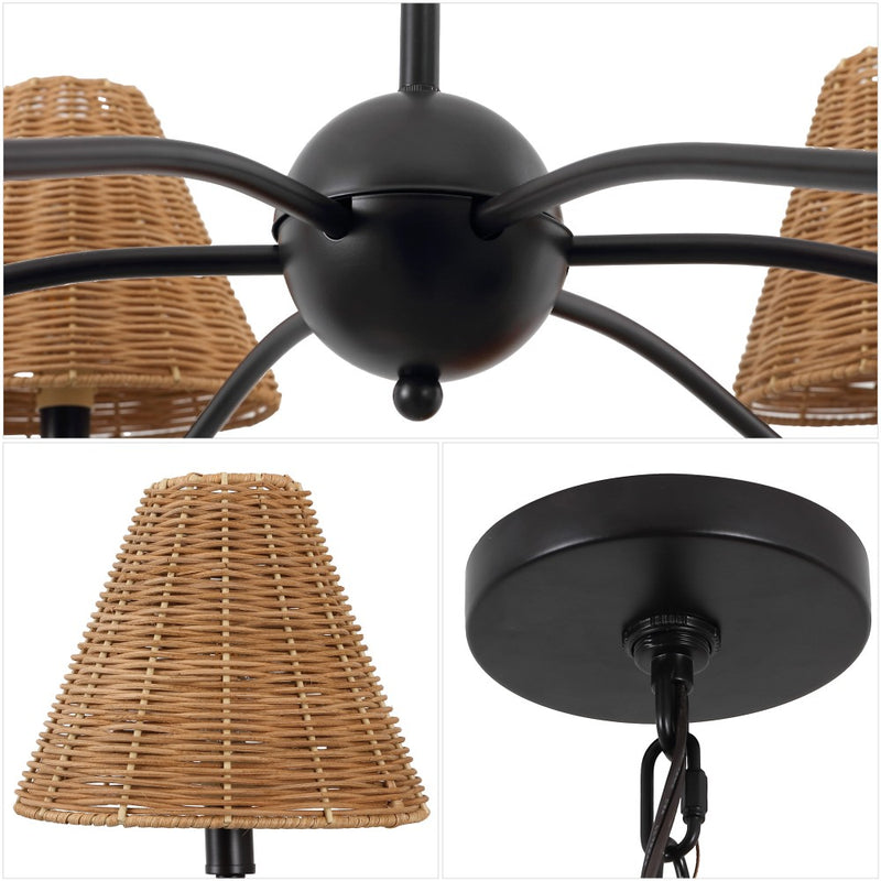Grady Coastal Farmhouse Adjustable Swooping Arm Metal with Hand-Woven Rattan Shades LED Chandelier