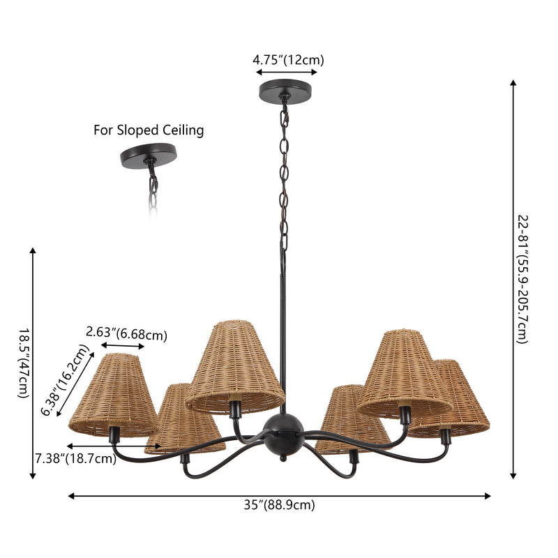 Grady Coastal Farmhouse Adjustable Swooping Arm Metal with Hand-Woven Rattan Shades LED Chandelier
