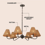 Grady Coastal Farmhouse Adjustable Swooping Arm Metal with Hand-Woven Rattan Shades LED Chandelier