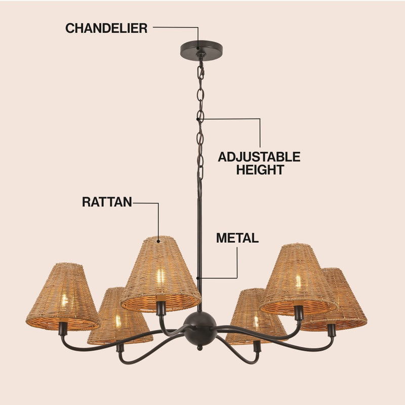 Grady Coastal Farmhouse Adjustable Swooping Arm Metal with Hand-Woven Rattan Shades LED Chandelier