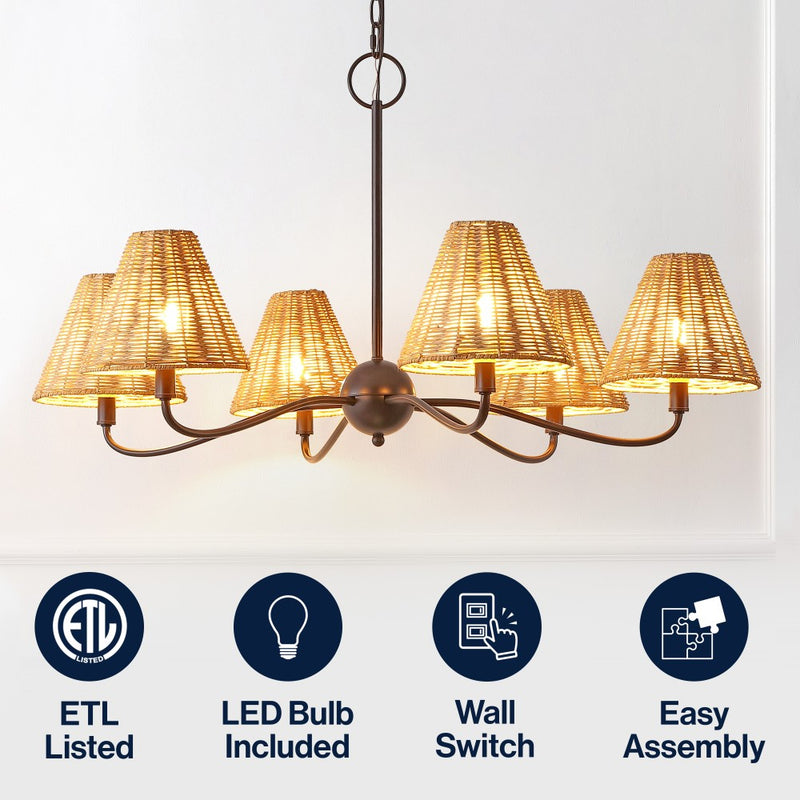 Grady Coastal Farmhouse Adjustable Swooping Arm Metal with Hand-Woven Rattan Shades LED Chandelier