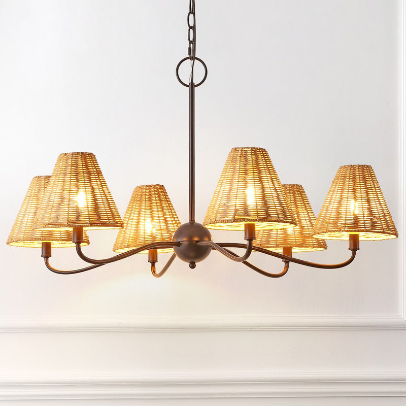Grady Coastal Farmhouse Adjustable Swooping Arm Metal with Hand-Woven Rattan Shades LED Chandelier