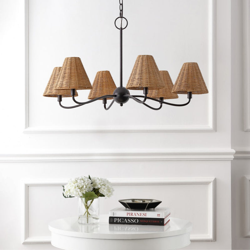 Grady Coastal Farmhouse Adjustable Swooping Arm Metal with Hand-Woven Rattan Shades LED Chandelier