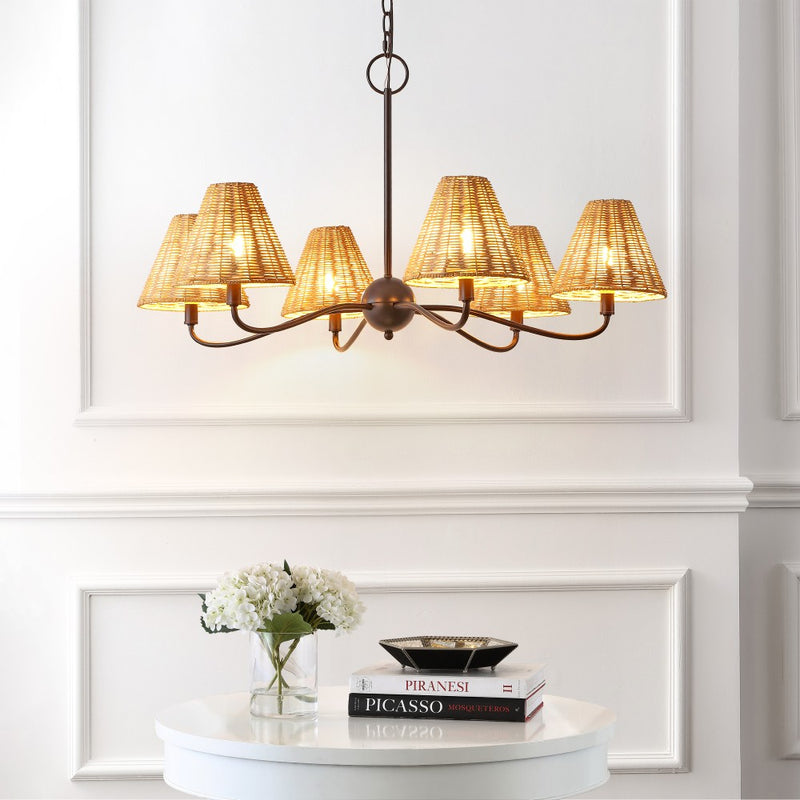 Grady Coastal Farmhouse Adjustable Swooping Arm Metal with Hand-Woven Rattan Shades LED Chandelier