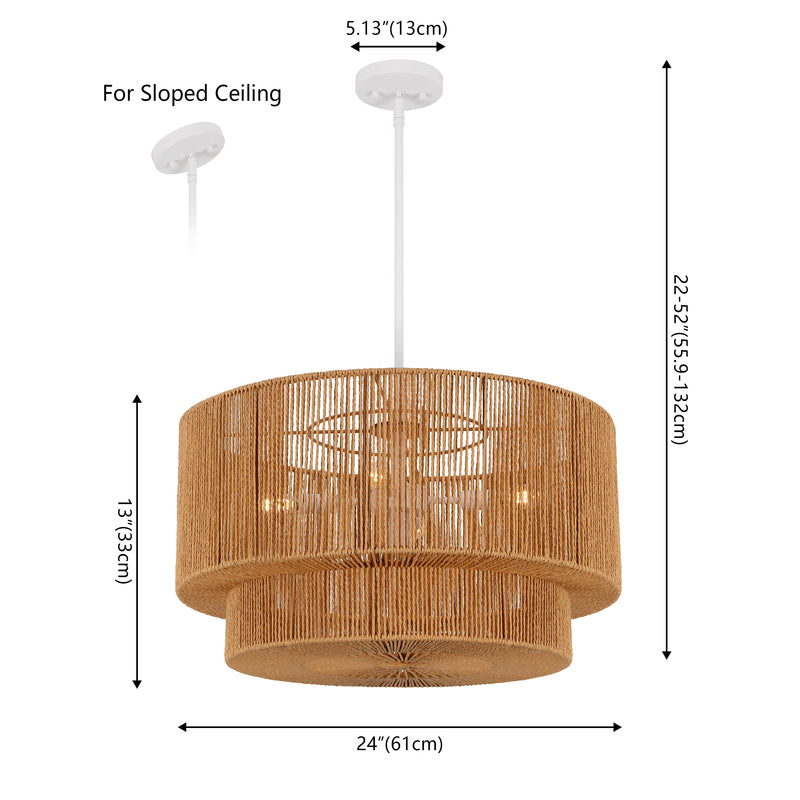 Elliott Coastal Bohemian Adjustable Metal Hand-Woven Rattan-Look Paper Rope 2-Tier Drum LED Chandelier