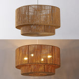 Elliott Coastal Bohemian Adjustable Metal Hand-Woven Rattan-Look Paper Rope 2-Tier Drum LED Chandelier