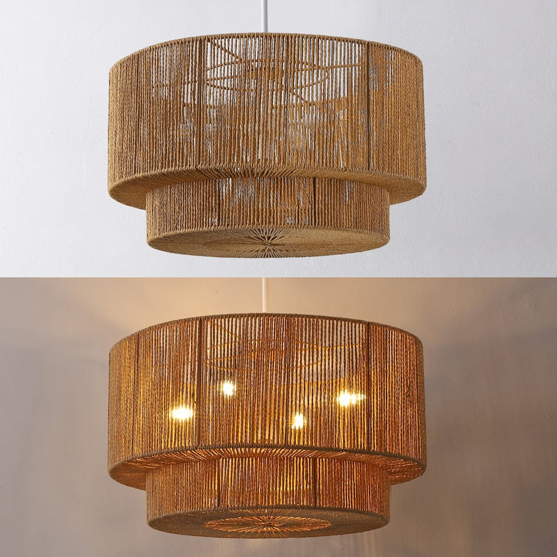 Elliott Coastal Bohemian Adjustable Metal Hand-Woven Rattan-Look Paper Rope 2-Tier Drum LED Chandelier
