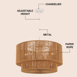 Elliott Coastal Bohemian Adjustable Metal Hand-Woven Rattan-Look Paper Rope 2-Tier Drum LED Chandelier