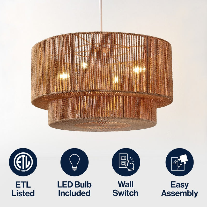 Elliott Coastal Bohemian Adjustable Metal Hand-Woven Rattan-Look Paper Rope 2-Tier Drum LED Chandelier