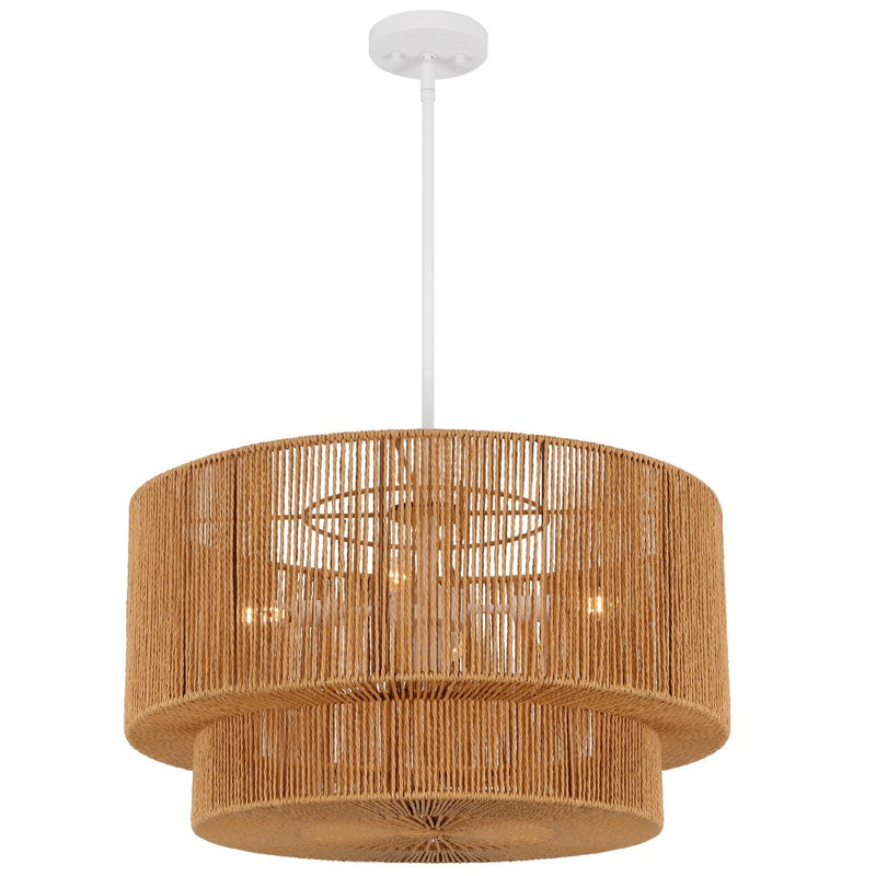 Elliott Coastal Bohemian Adjustable Metal Hand-Woven Rattan-Look Paper Rope 2-Tier Drum LED Chandelier