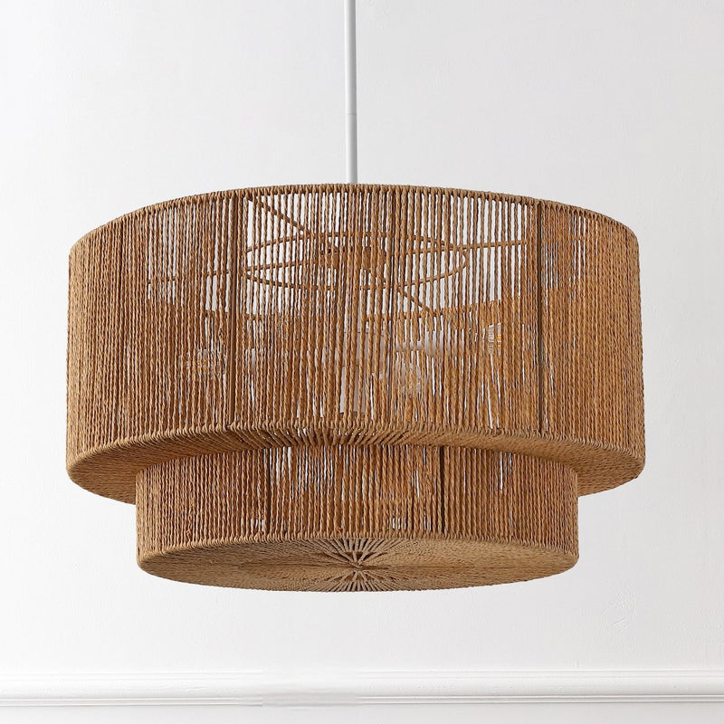 Elliott Coastal Bohemian Adjustable Metal Hand-Woven Rattan-Look Paper Rope 2-Tier Drum LED Chandelier