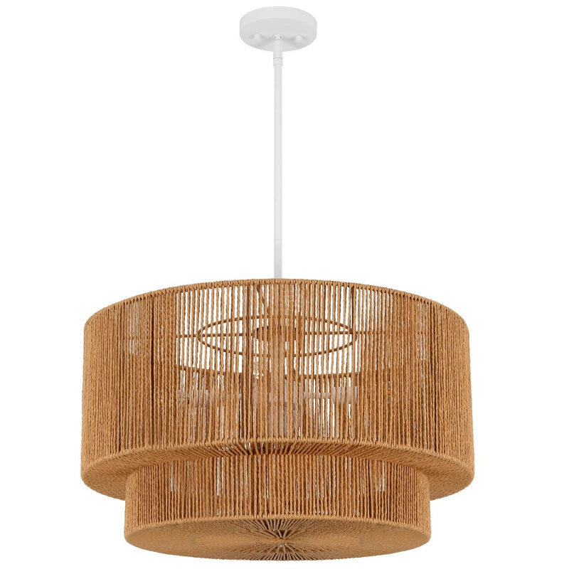 Elliott Coastal Bohemian Adjustable Metal Hand-Woven Rattan-Look Paper Rope 2-Tier Drum LED Chandelier