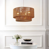 Elliott Coastal Bohemian Adjustable Metal Hand-Woven Rattan-Look Paper Rope 2-Tier Drum LED Chandelier