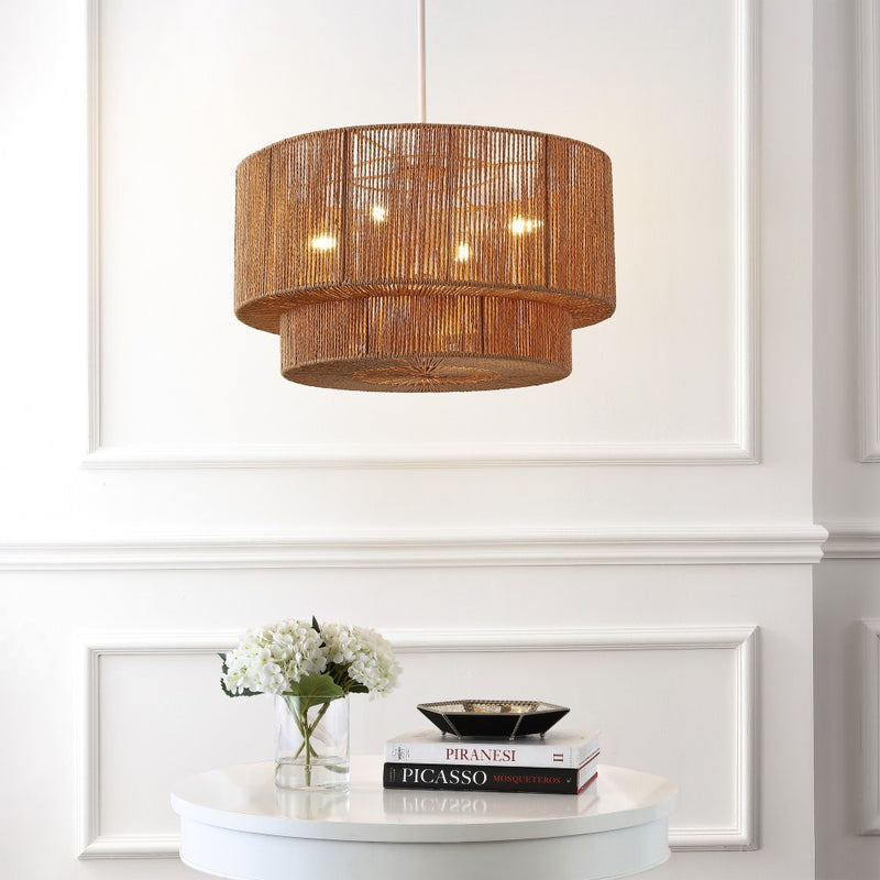 Elliott Coastal Bohemian Adjustable Metal Hand-Woven Rattan-Look Paper Rope 2-Tier Drum LED Chandelier