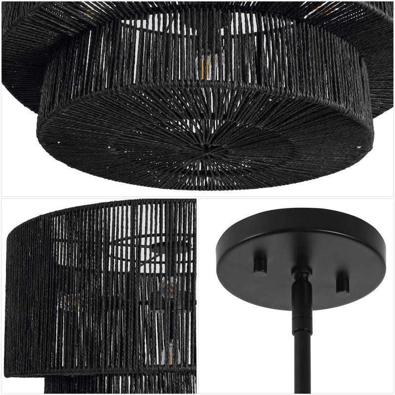 Elliott Coastal Bohemian Adjustable Metal Hand-Woven Rattan-Look Paper Rope 2-Tier Drum LED Chandelier