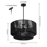 Elliott Coastal Bohemian Adjustable Metal Hand-Woven Rattan-Look Paper Rope 2-Tier Drum LED Chandelier