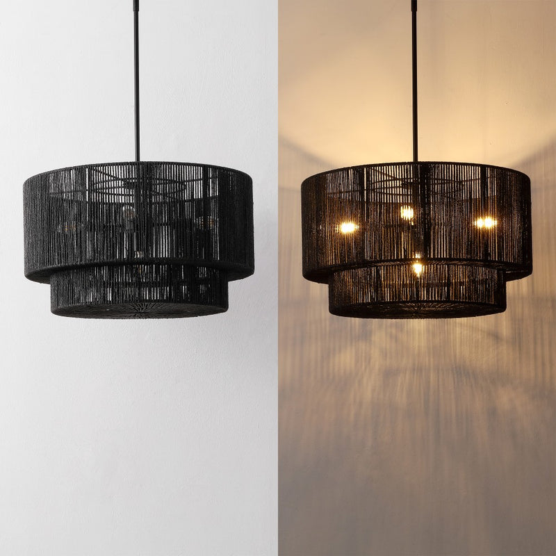 Elliott Coastal Bohemian Adjustable Metal Hand-Woven Rattan-Look Paper Rope 2-Tier Drum LED Chandelier