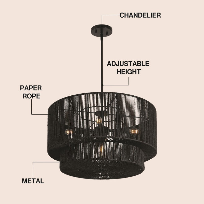 Elliott Coastal Bohemian Adjustable Metal Hand-Woven Rattan-Look Paper Rope 2-Tier Drum LED Chandelier