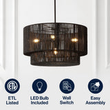 Elliott Coastal Bohemian Adjustable Metal Hand-Woven Rattan-Look Paper Rope 2-Tier Drum LED Chandelier