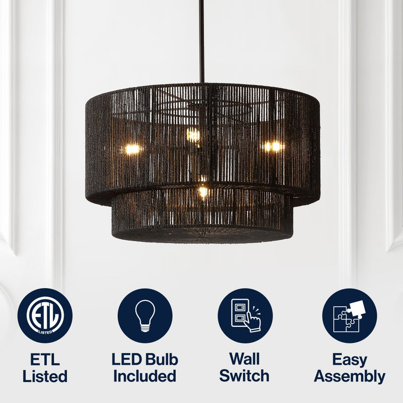 Elliott Coastal Bohemian Adjustable Metal Hand-Woven Rattan-Look Paper Rope 2-Tier Drum LED Chandelier
