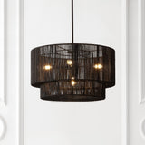 Elliott Coastal Bohemian Adjustable Metal Hand-Woven Rattan-Look Paper Rope 2-Tier Drum LED Chandelier