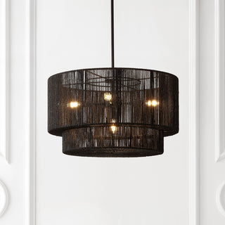 Elliott Coastal Bohemian Adjustable Metal Hand-Woven Rattan-Look Paper Rope 2-Tier Drum LED Chandelier