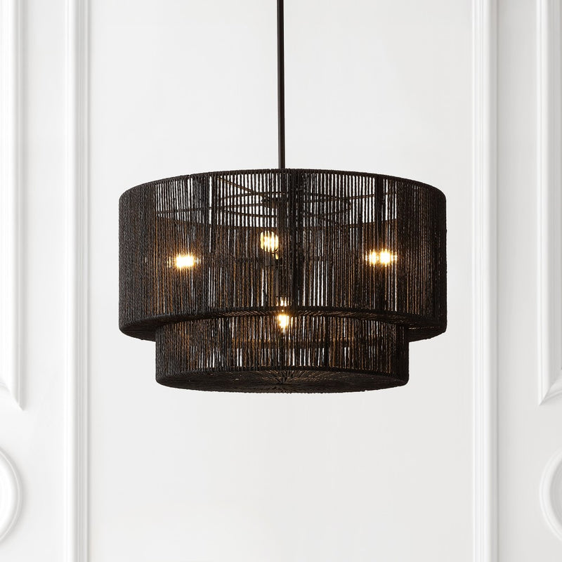 Elliott Coastal Bohemian Adjustable Metal Hand-Woven Rattan-Look Paper Rope 2-Tier Drum LED Chandelier