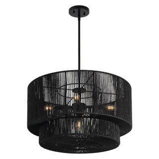 Elliott Coastal Bohemian Adjustable Metal Hand-Woven Rattan-Look Paper Rope 2-Tier Drum LED Chandelier
