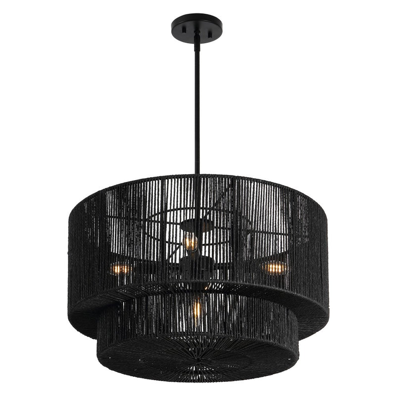 Elliott Coastal Bohemian Adjustable Metal Hand-Woven Rattan-Look Paper Rope 2-Tier Drum LED Chandelier