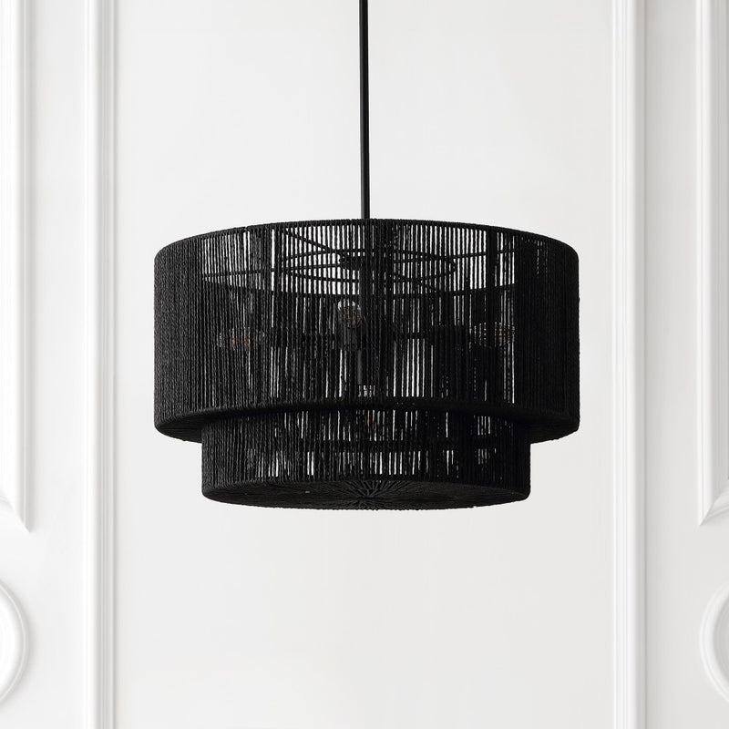 Elliott Coastal Bohemian Adjustable Metal Hand-Woven Rattan-Look Paper Rope 2-Tier Drum LED Chandelier