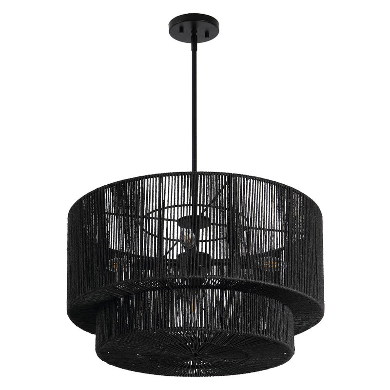 Elliott Coastal Bohemian Adjustable Metal Hand-Woven Rattan-Look Paper Rope 2-Tier Drum LED Chandelier