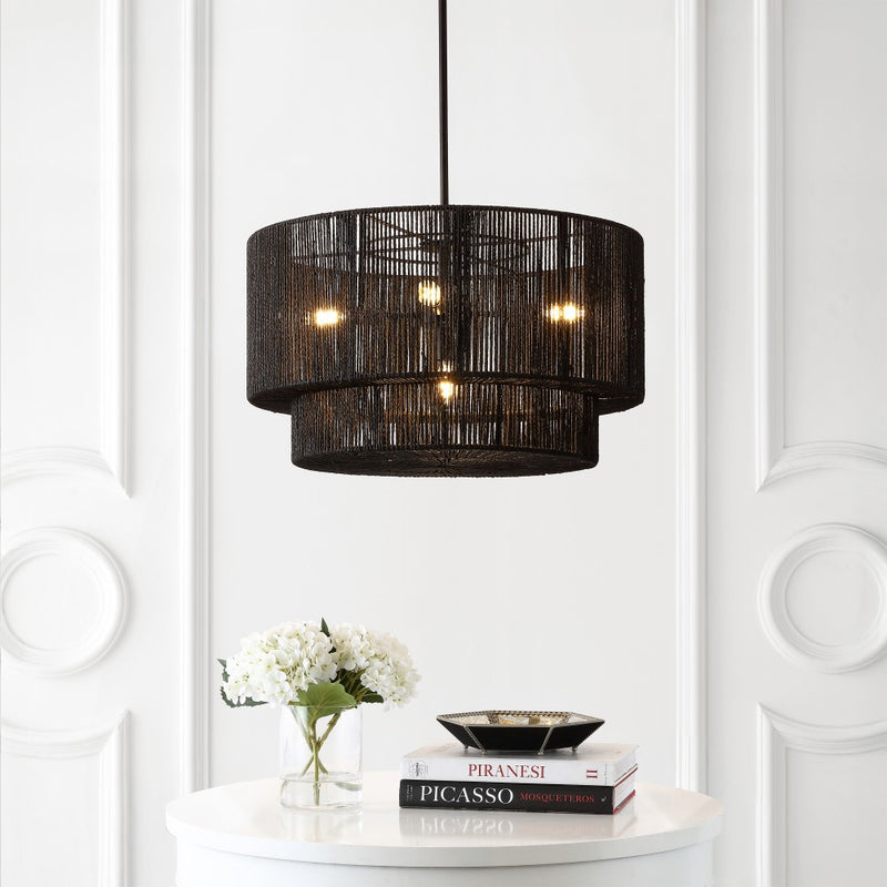 Elliott Coastal Bohemian Adjustable Metal Hand-Woven Rattan-Look Paper Rope 2-Tier Drum LED Chandelier