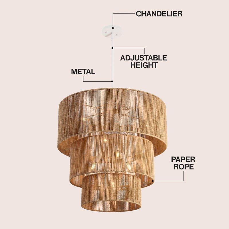 Orson 24 in. 7-Light Coastal Bohemian Metal and Woven Paper Rope 3-Tier LED Chandelier