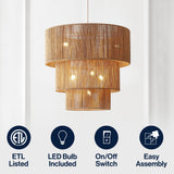 Orson 24 in. 7-Light Coastal Bohemian Metal and Woven Paper Rope 3-Tier LED Chandelier