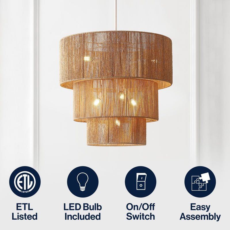Orson 24 in. 7-Light Coastal Bohemian Metal and Woven Paper Rope 3-Tier LED Chandelier
