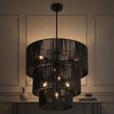 Orson 24 in. 7-Light Coastal Bohemian Metal and Woven Paper Rope 3-Tier LED Chandelier Black – AI-ON