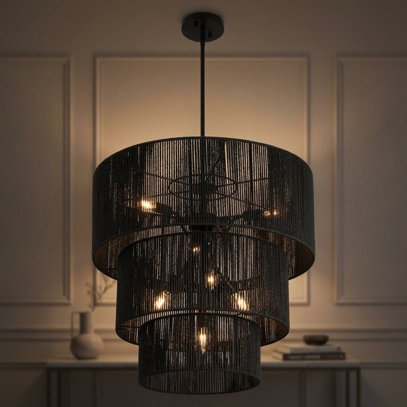 Orson 24 in. 7-Light Coastal Bohemian Metal and Woven Paper Rope 3-Tier LED Chandelier Black – AI-ON