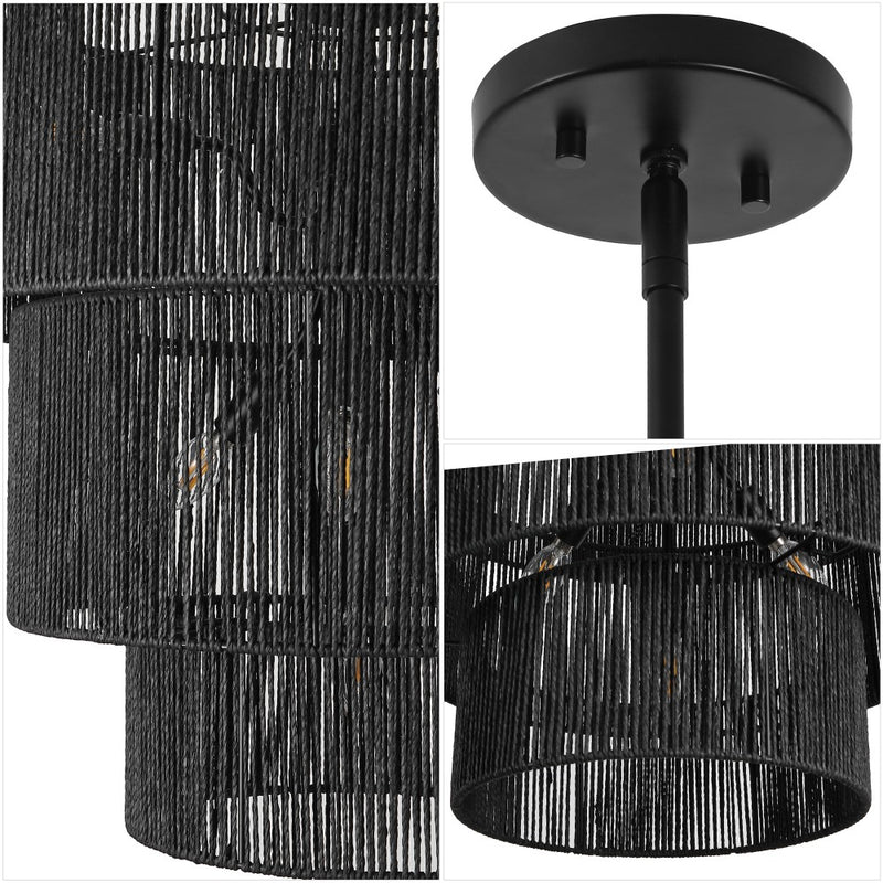 Orson 24 in. 7-Light Coastal Bohemian Metal and Woven Paper Rope 3-Tier LED Chandelier