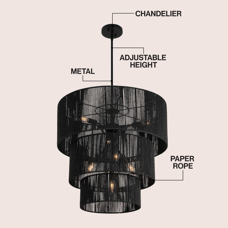 Orson 24 in. 7-Light Coastal Bohemian Metal and Woven Paper Rope 3-Tier LED Chandelier