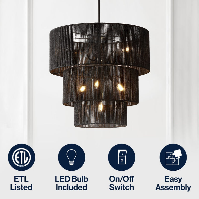 Orson 24 in. 7-Light Coastal Bohemian Metal and Woven Paper Rope 3-Tier LED Chandelier