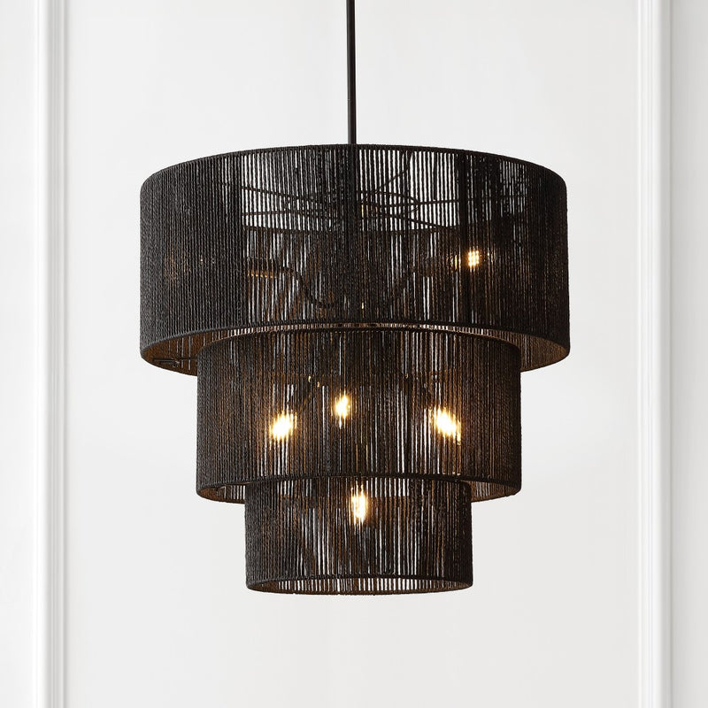 Orson 24 in. 7-Light Coastal Bohemian Metal and Woven Paper Rope 3-Tier LED Chandelier