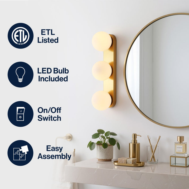 Knox 23.3 in. 3-Light Mid-Century Modern Metal and Frosted Glass Globe LED Vanity Light