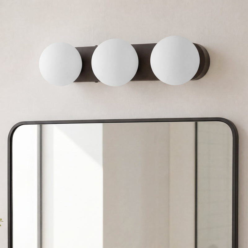 Knox 23.3 in. 3-Light Mid-Century Modern Metal and Frosted Glass Globe LED Vanity Light