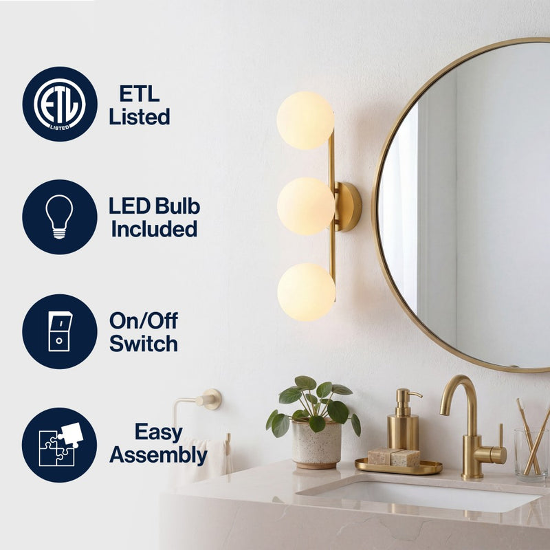 Nash 23 in. 3-Light Mid-Century Modern Metal and Frosted Glass Globe LED Vanity Light